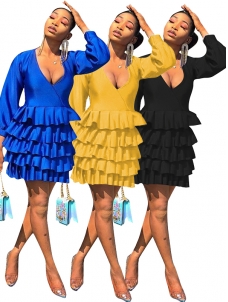 Women Deep V Neck Long Sleeve Mini Dress