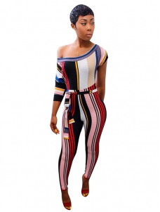 Women Strip Short Sleeve Jumpsuit