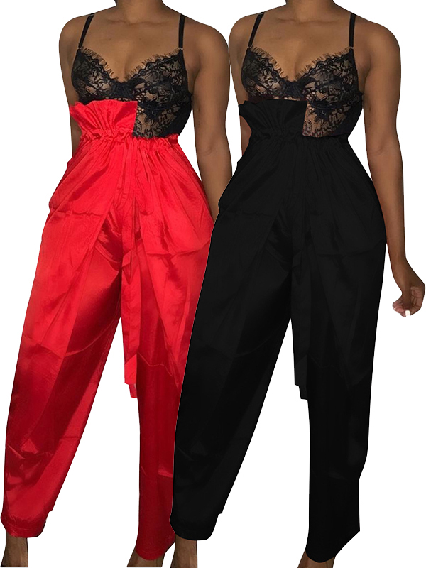 Women High Waist  Black Red Pants