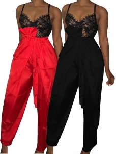 Women High Waist  Black Red Pants