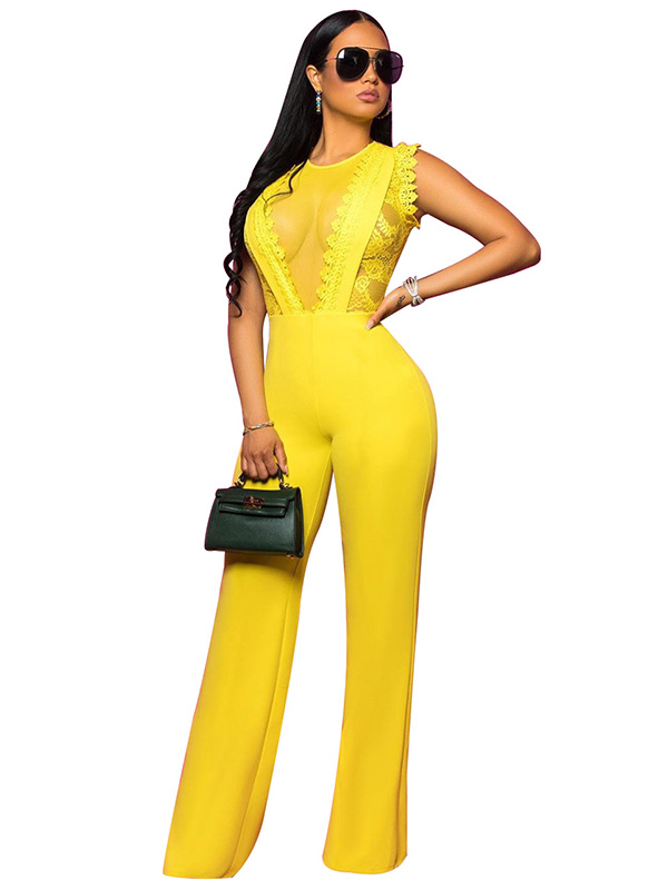 Yellow Women Lace Sleeveless Jumpsuit