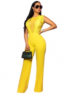 Yellow Women Lace Sleeveless Jumpsuit