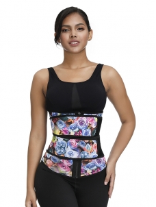 Slimmed Rose Print Waist Cincher Double Belts Slim