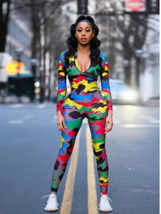 Women Fashion Colorful Zipper Long Sleeve Jumpsuit