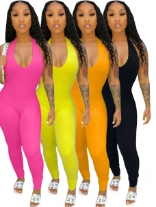 Women Halter Deep V Neck Jumpsuit