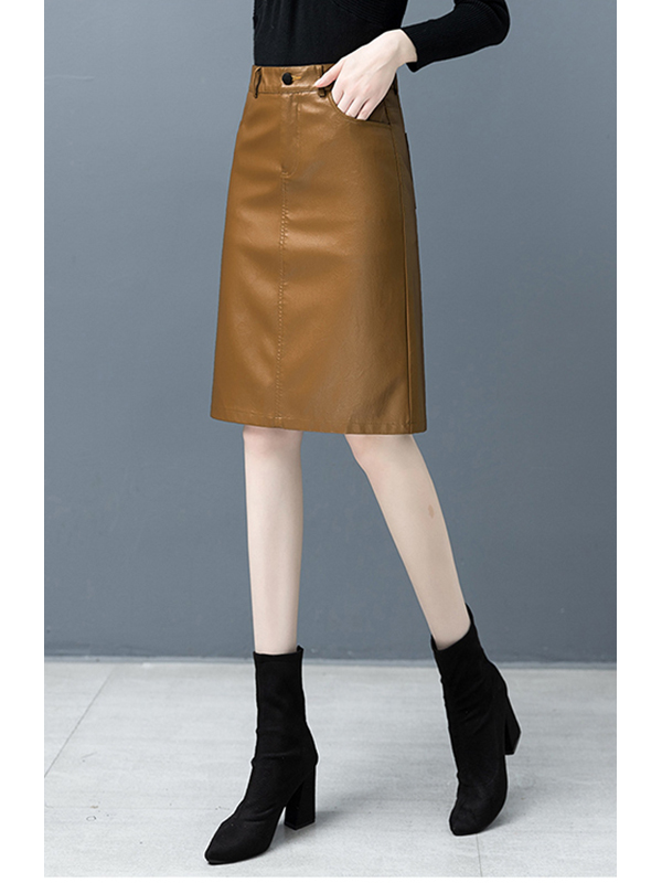 Women Leather Midi A-Line Skirt