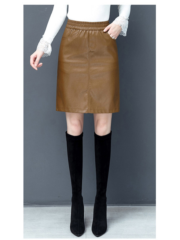 Women Leather Midi A-Line Skirt