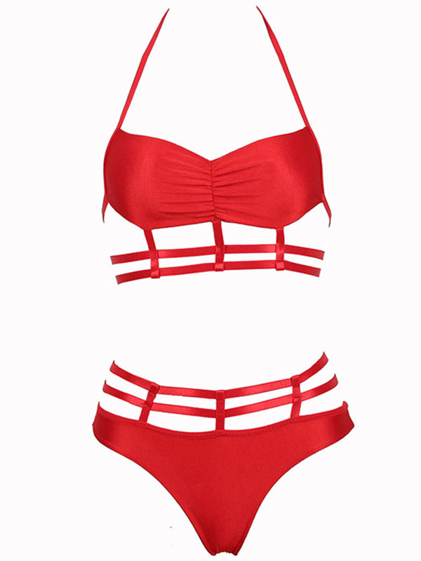 Red u BandeaHalter Caged Detail Sexy Swimsuit