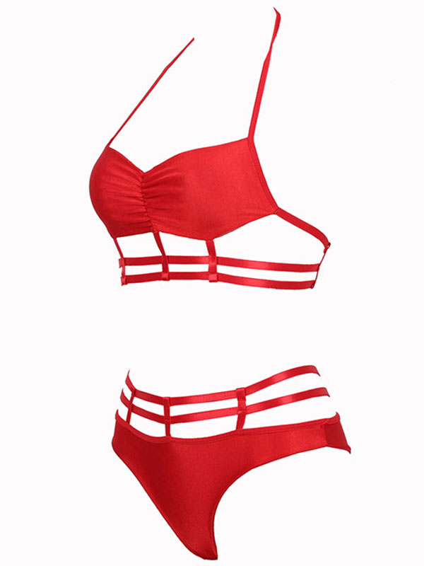 Red u BandeaHalter Caged Detail Sexy Swimsuit