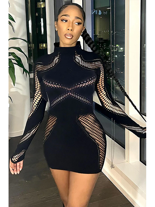 Women Lace Mesh See Through O-neck Bodycon Mini Dress