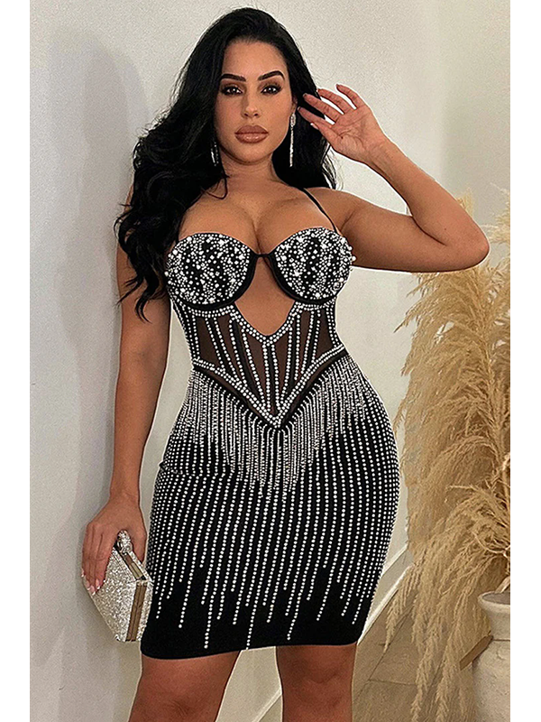Women Sexy Mesh Rhinestone Dress Midi Party Dress
