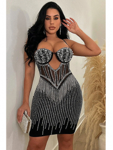 Women Sexy Mesh Rhinestone Dress Midi Party Dress