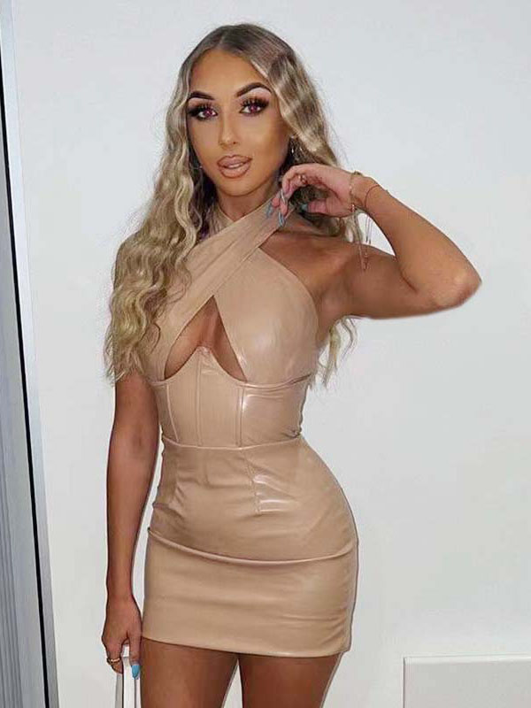 Women Sexy Faux Leather Halter Mini Dress