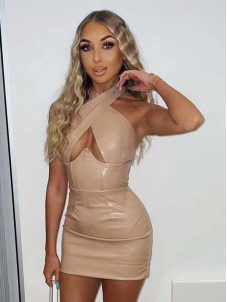 Women Sexy Faux Leather Halter Mini Dress
