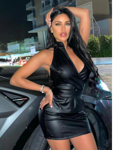Women Sexy Faux Leather Halter Mini Dress