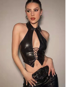 Women Sexy Faux Leather Halter Vest