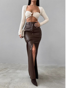 Women Sexy Faux Leather Maxi Skirt