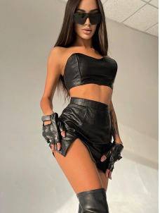 Women Sexy Faux Leather Mini Dress Set