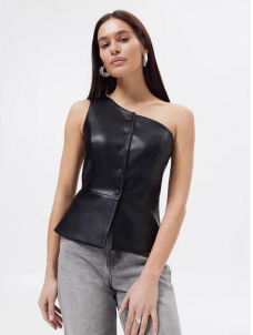 Women Sexy Faux Leather One Shoulder Tops