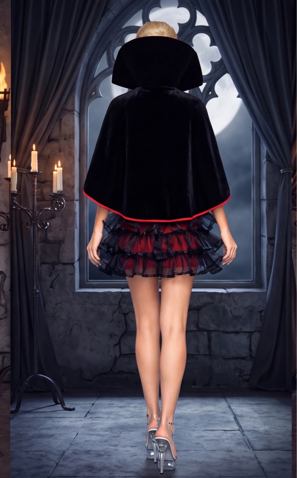 Sexy Dracula Costume Gothic Red Mini Dress with High Collar Cape