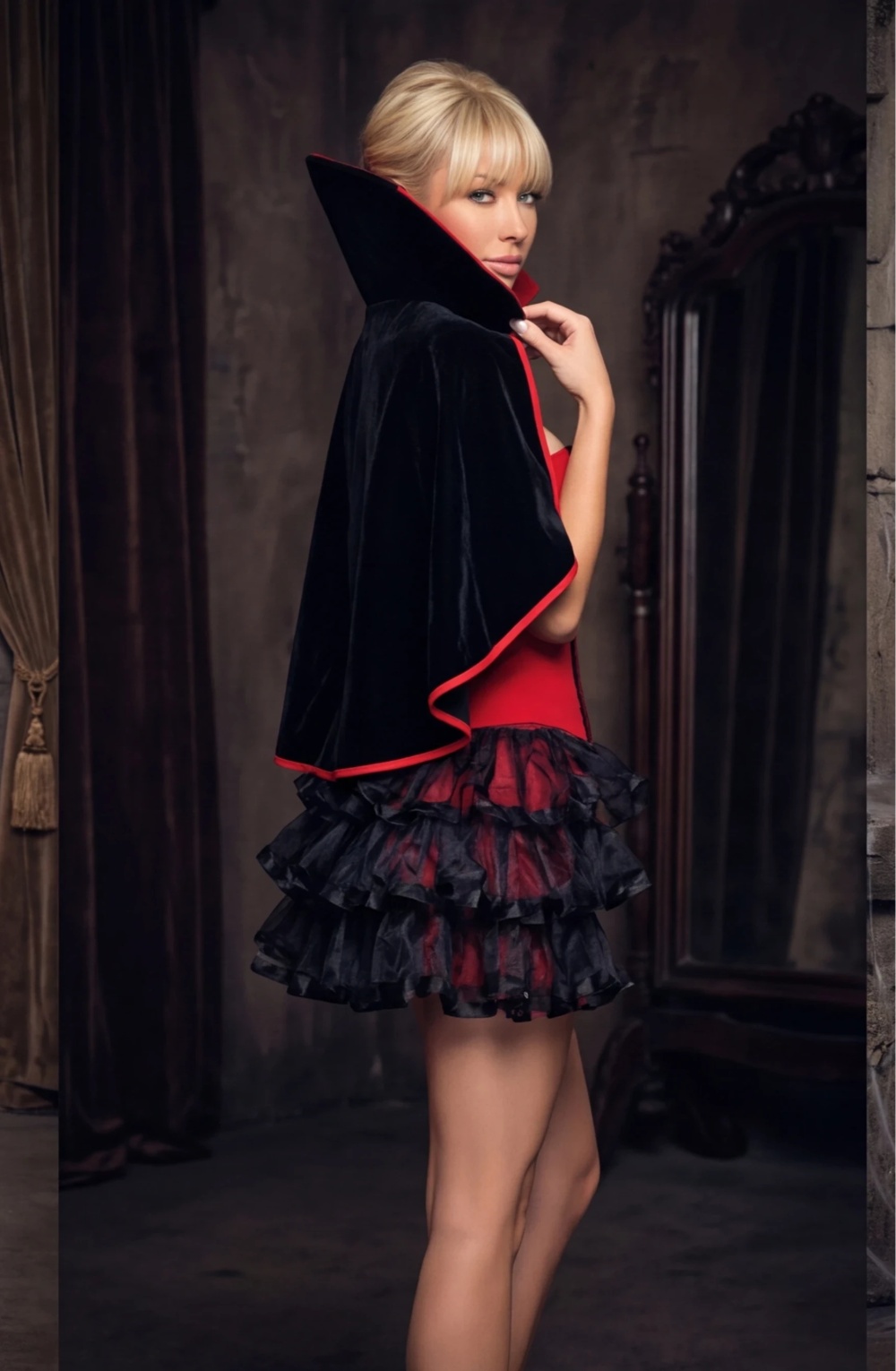 Sexy Dracula Costume Gothic Red Mini Dress with High Collar Cape