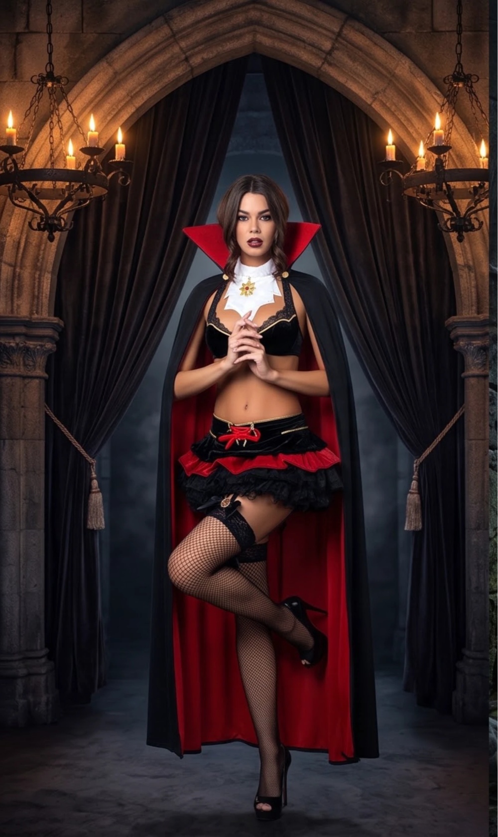 Vampire Costume Halloween Cosplay Outfit Black Red Cape with Bra Top and Ruffled Skirt