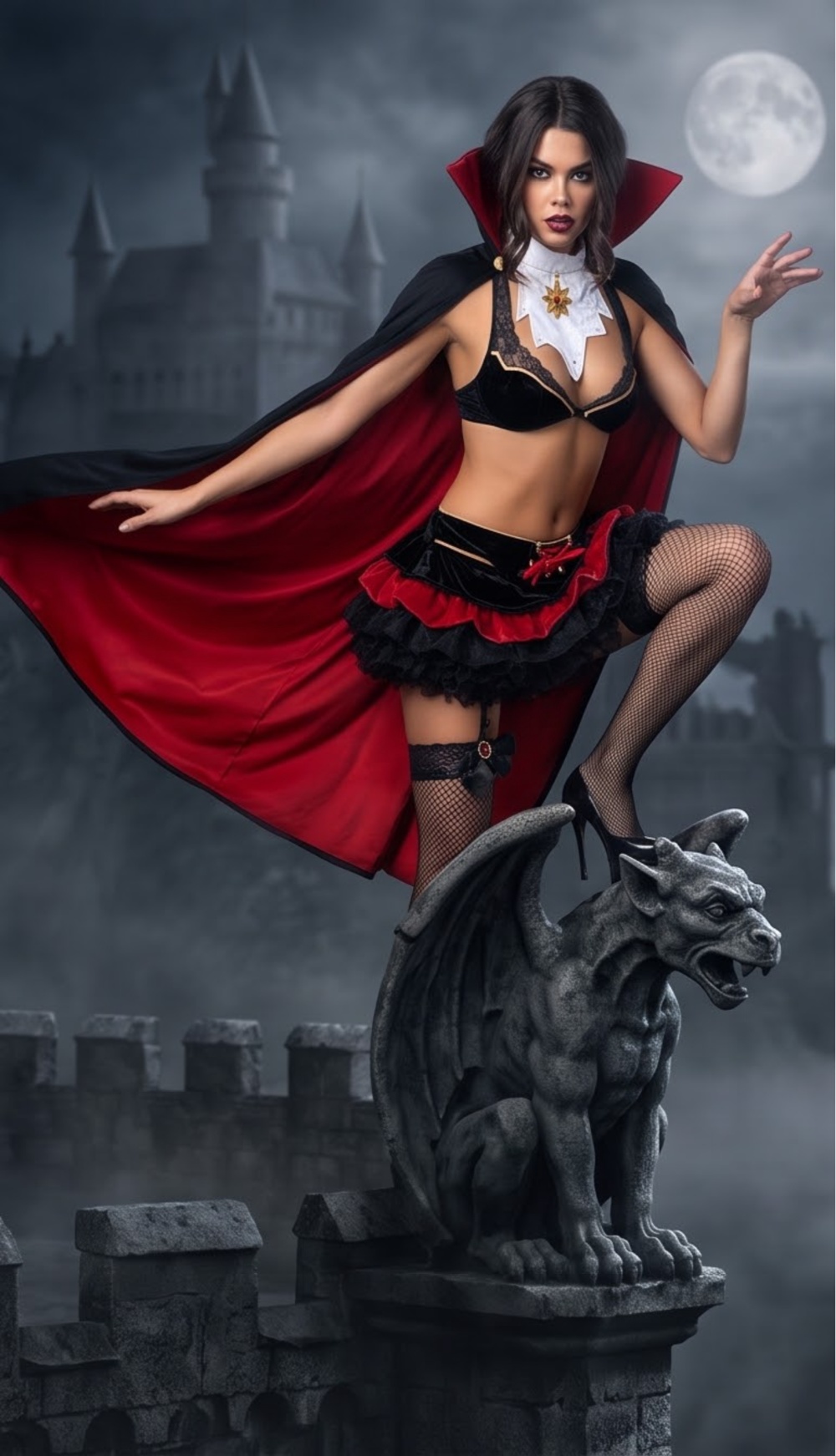 Vampire Costume Halloween Cosplay Outfit Black Red Cape with Bra Top and Ruffled Skirt