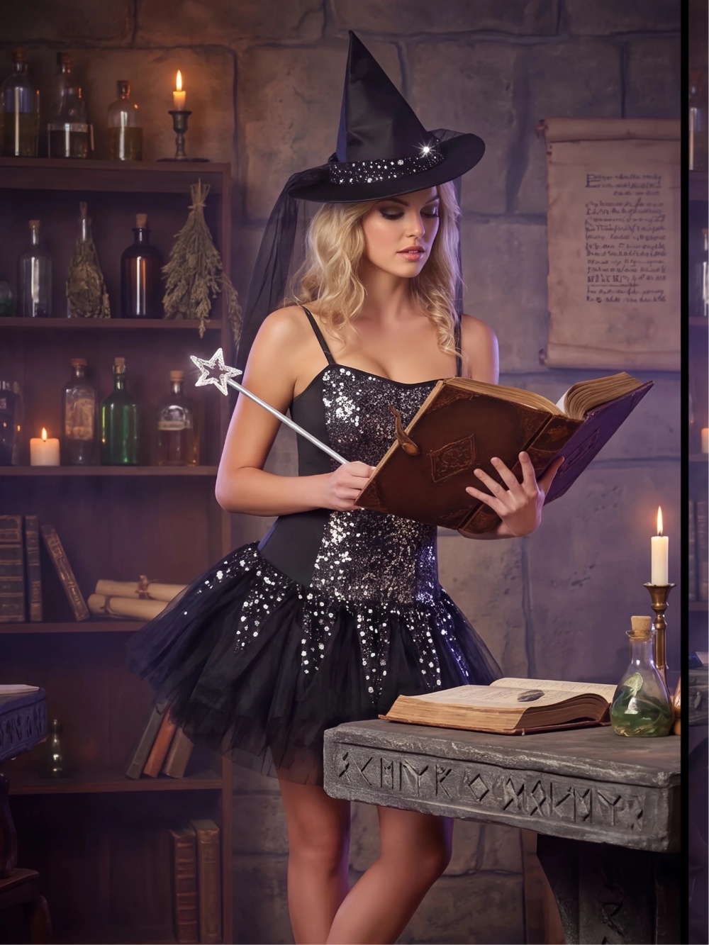 Witch Costume Halloween Sequin Dress with Hat