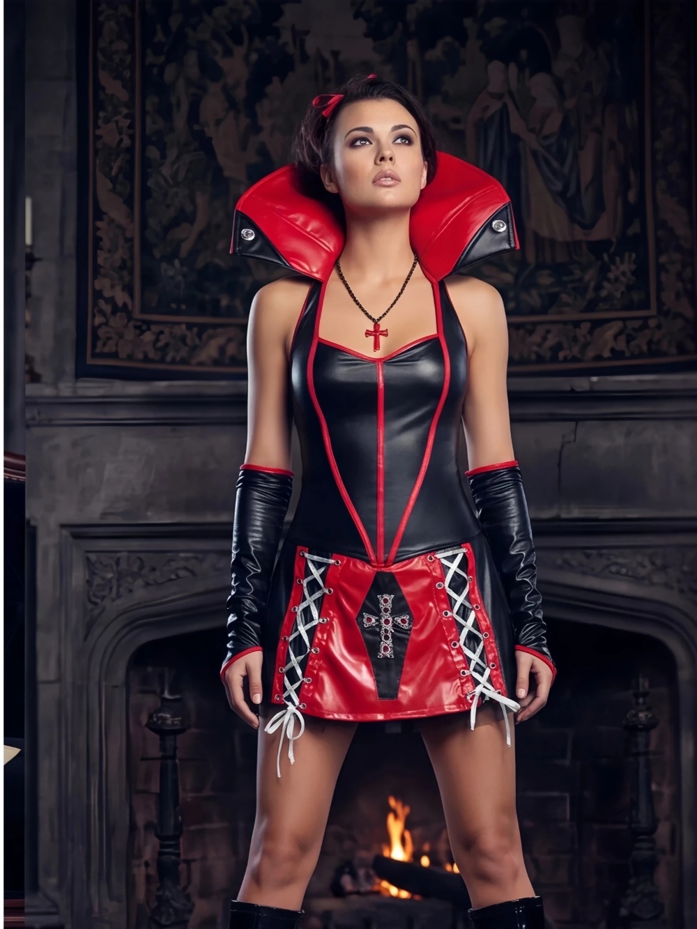Womens Vampire Costume Gothic Pu Leather Dress With Cross Necklace And Gloves