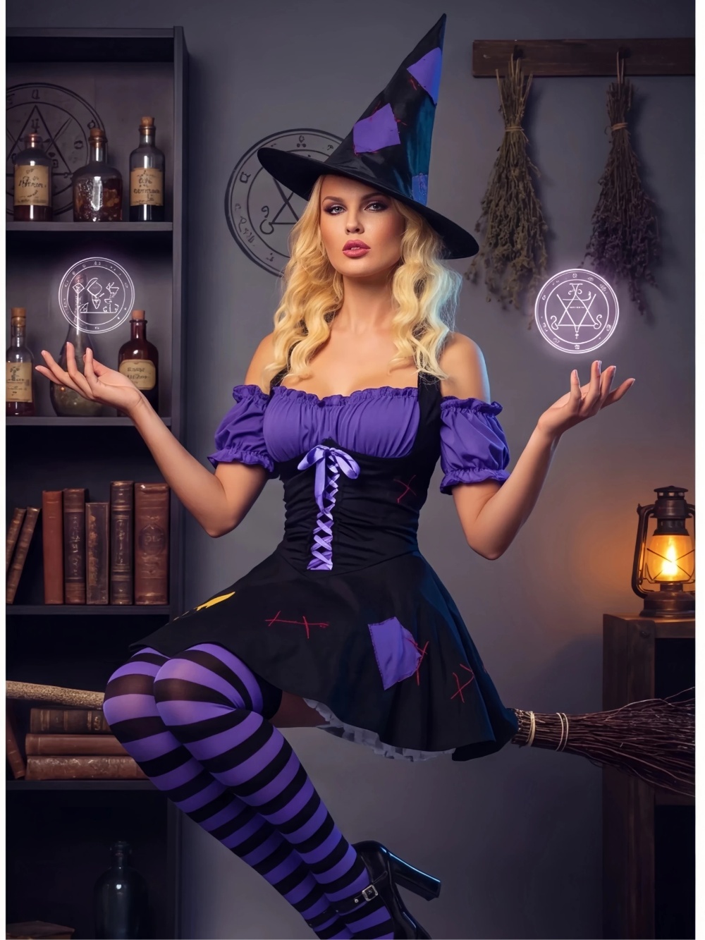 Womens Witch Costume Halloween Cosplay Outfit Purple Patchwork Dress with Hat