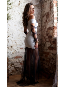 Frankies Bride Costume Off Shoulder Long Dress Black Mesh Criss Cross Bodycon Maxi Dress