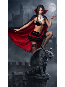 Vampire Costume Halloween Cosplay Outfit Black Red Cape with Bra Top and Ruffled Skirt