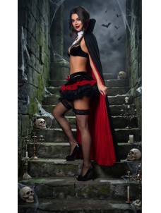 Vampire Costume Halloween Cosplay Outfit Black Red Cape with Bra Top and Ruffled Skirt