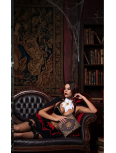 Vampire Costume Halloween Cosplay Outfit Black Red Cape with Bra Top and Ruffled Skirt