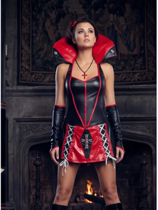 Womens Vampire Costume Gothic Pu Leather Dress With Cross Necklace And Gloves