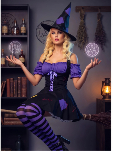 Womens Witch Costume Halloween Cosplay Outfit Purple Patchwork Dress with Hat