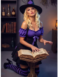 Womens Witch Costume Halloween Cosplay Outfit Purple Patchwork Dress with Hat