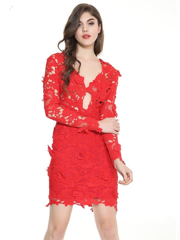 long sleeve red lace dress