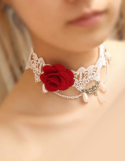 Baroness White Choker Red Flower & Beads