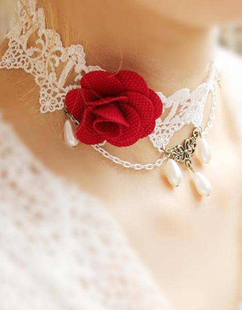 Baroness White Choker Red Flower & Beads