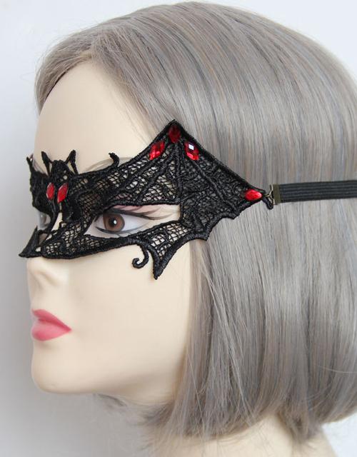 Black Lace Gothic Bat Eye Masks with Red Beads & Chains 