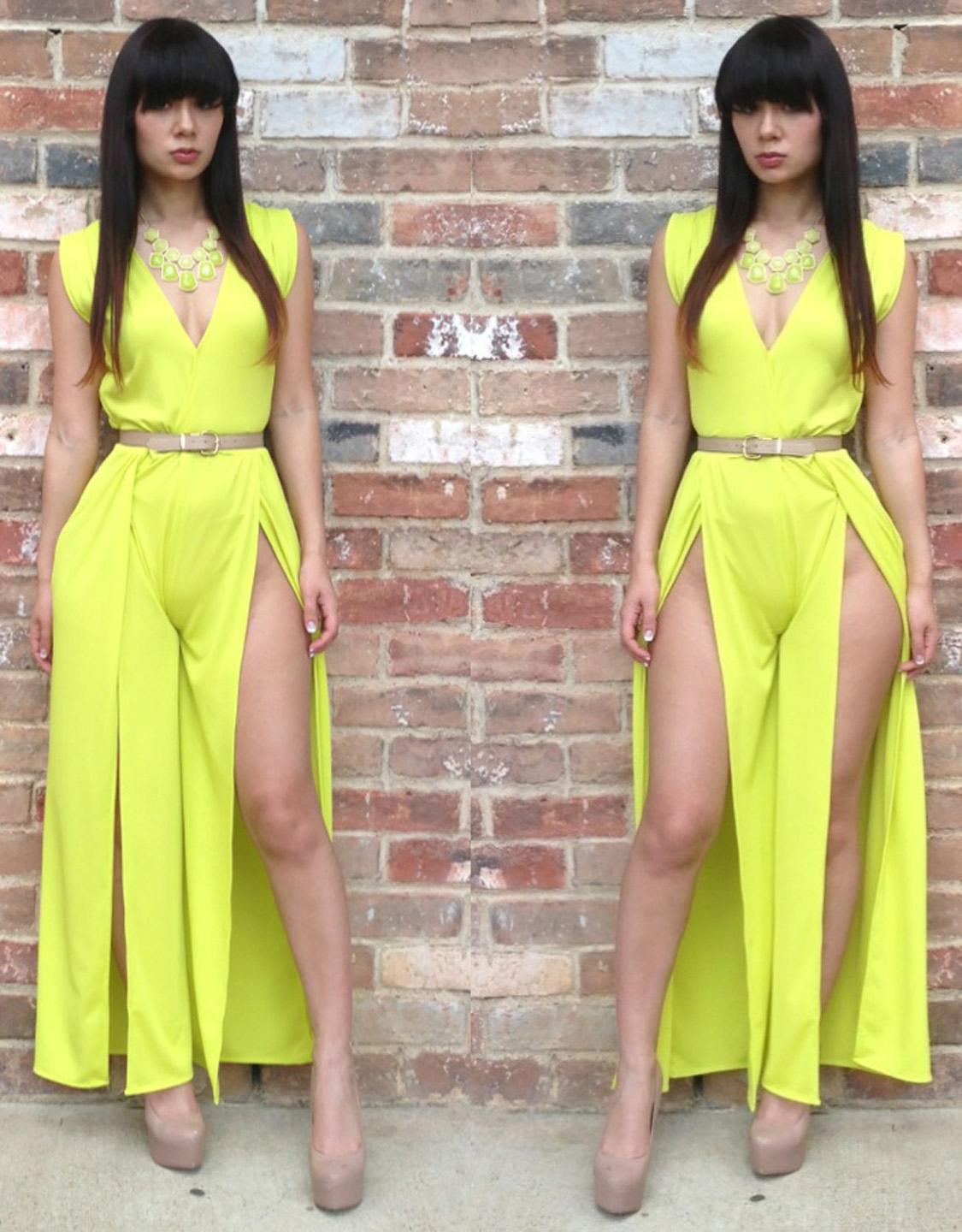 Deep V Neck Yellow High Slit Jumpsuit