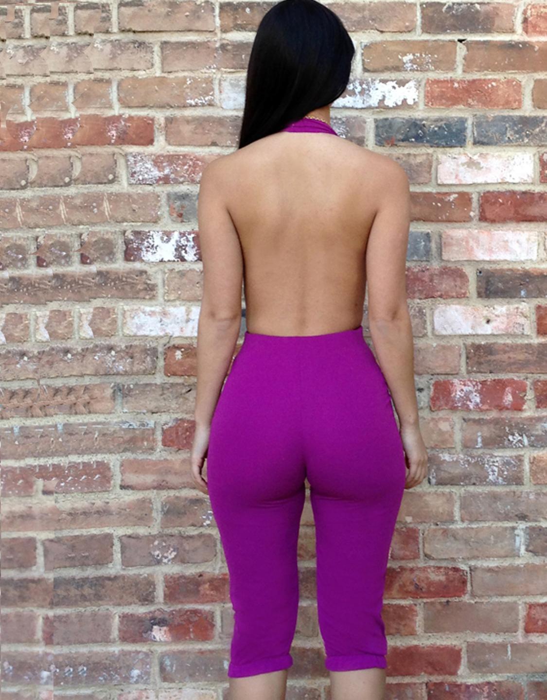 Flirty Halter Plunging V Purple Jumpsuit