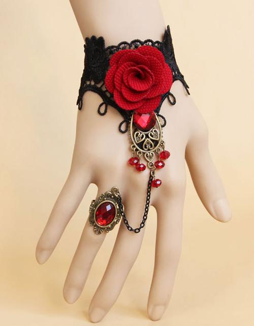 Gothic Red Flower Lace Bracelet Ring Jewelry