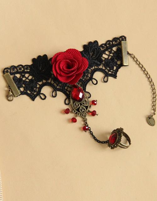 Gothic Red Flower Lace Bracelet Ring Jewelry