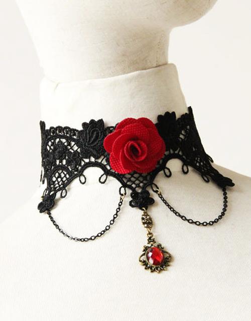 Retro Gothic Red Flower & Crystal Black Choker