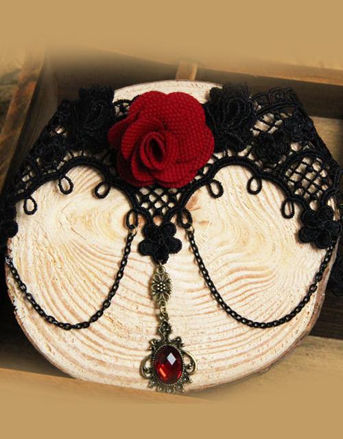 Retro Gothic Red Flower & Crystal Black Choker