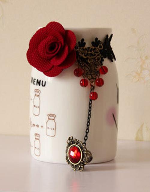 Retro Red Flower Black Bracelet with Ruby Ring
