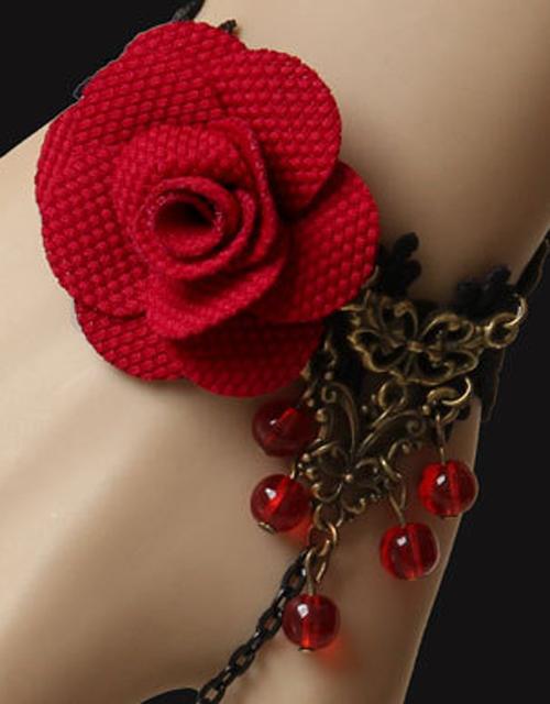 Retro Red Flower Black Bracelet with Ruby Ring