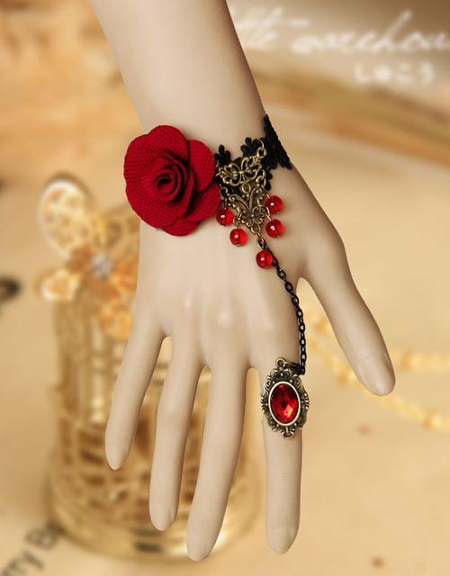 Retro Red Flower Black Bracelet with Ruby Ring
